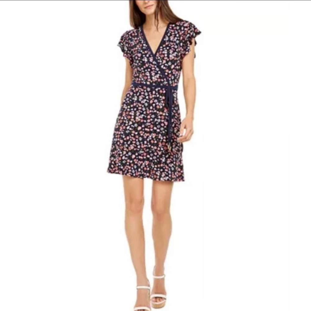 EUC Michael Kors Navy And Floral Wrap Dress Size L